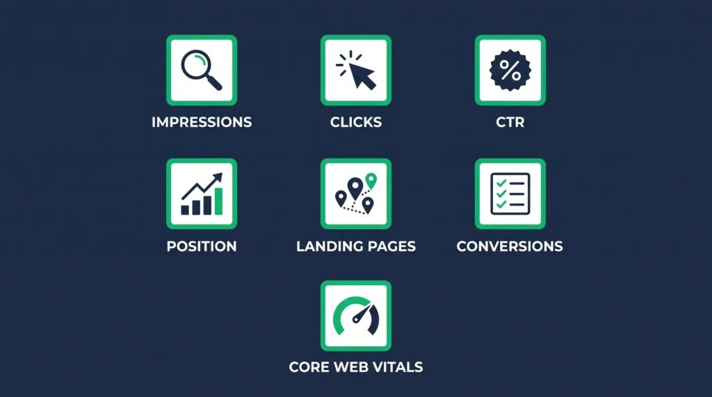 Seven metrics used to track SEO performance including clicks, CTR, and conversions