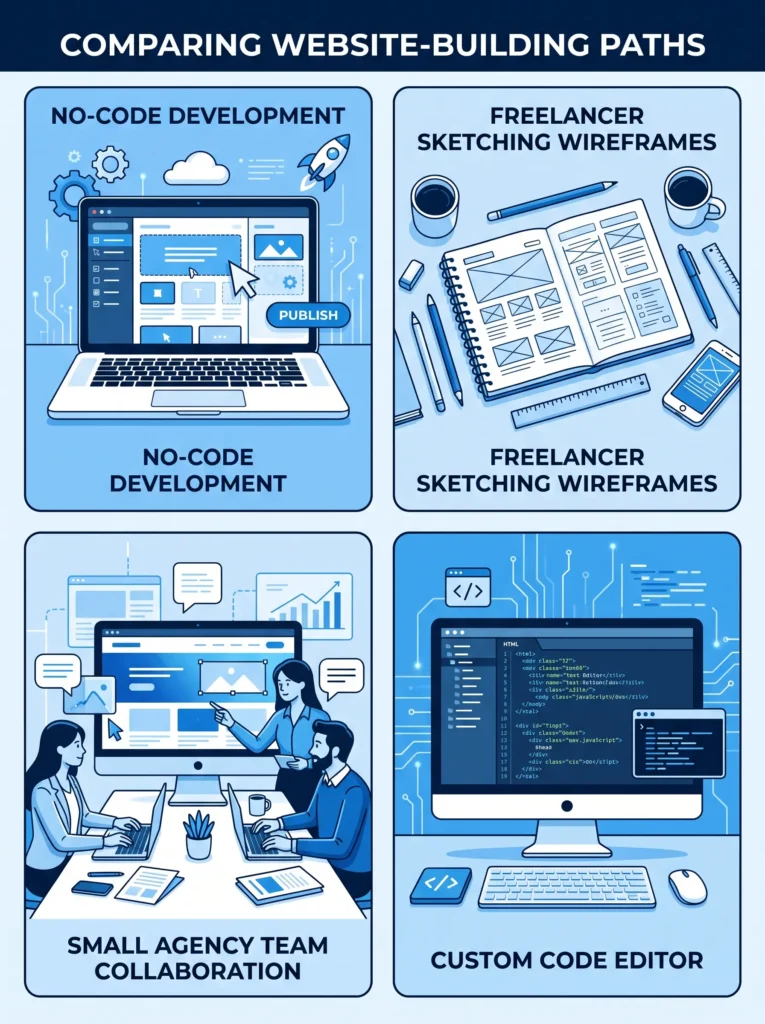 Comparing four website building services: DIY builder, freelancer, agency, and custom development