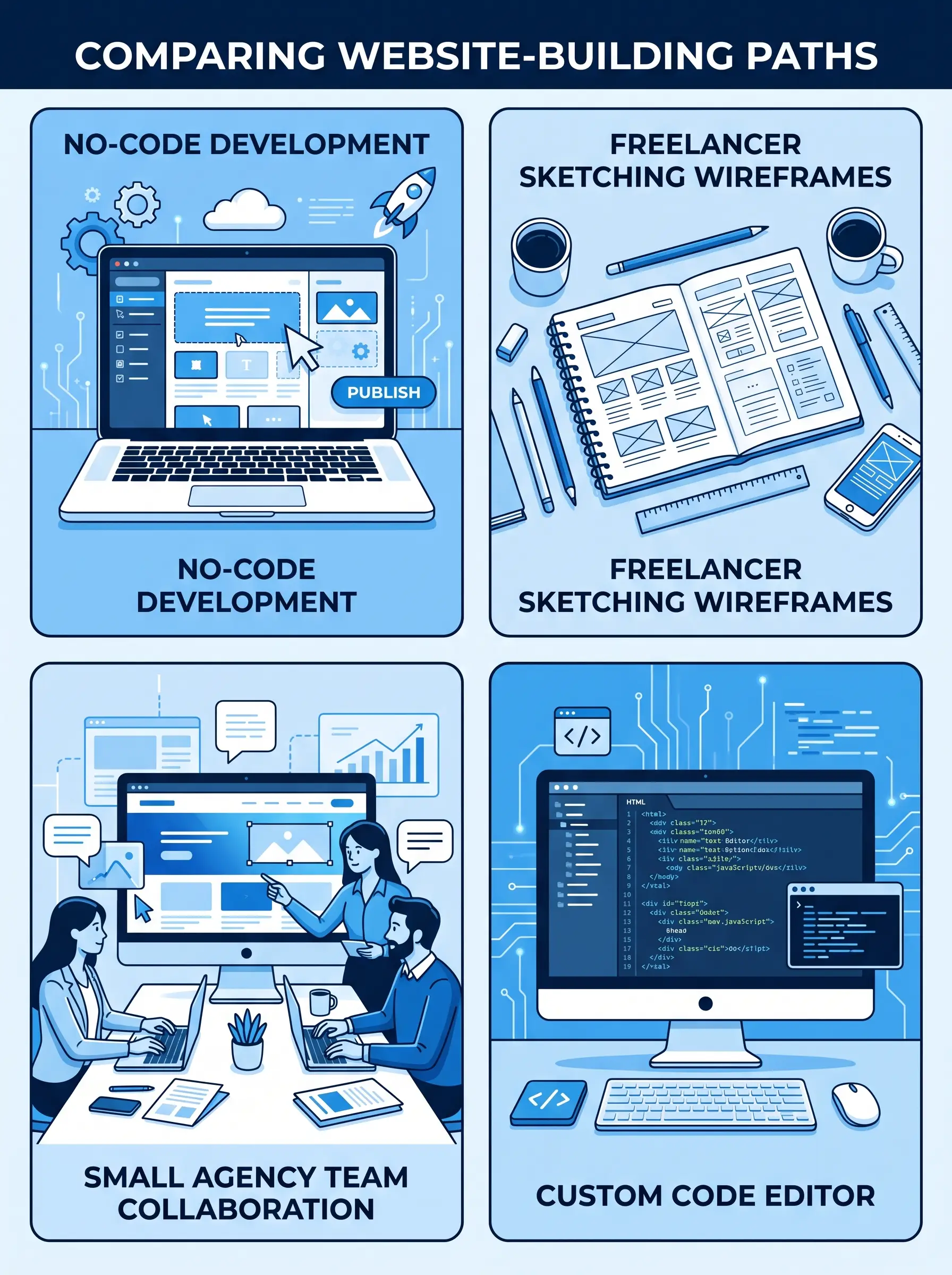 Comparing four website building services: DIY builder, freelancer, agency, and custom development